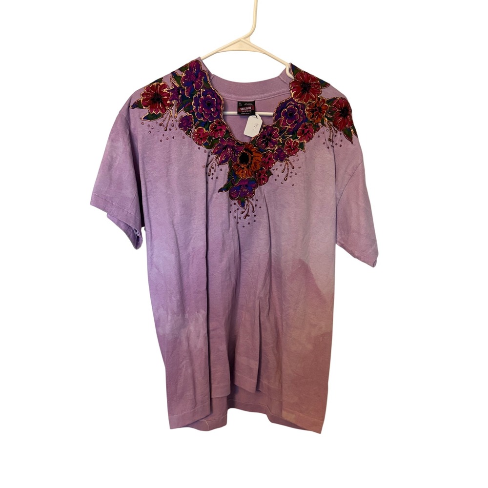 Vintage Best Fruit of the Loom Hand Painted Floral T-Shirt Purple XL Made in USA